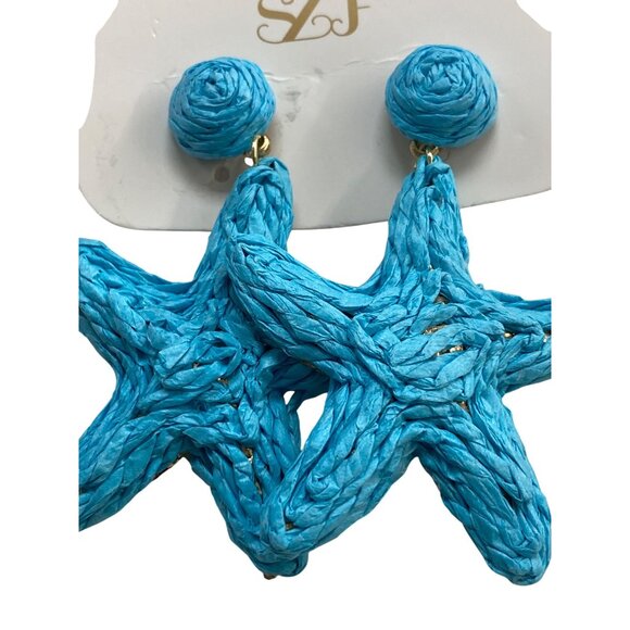 Blue Aqua Raffia Starfish Earrings Beach Pierced Post - Picture 3 of 4